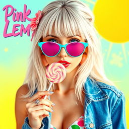 A lively and colorful movie poster for 'Pink Lemonade 2' featuring a beautiful young woman in her early 20s with bright white-blonde hair cascading down and fluffy bangs swept to frame her stunning face