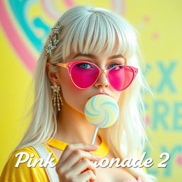 A lively and colorful movie poster for 'Pink Lemonade 2' featuring a beautiful young woman in her early 20s with bright white-blonde hair cascading down and fluffy bangs swept to frame her stunning face