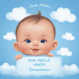 Generate an adorable, cartoon-style image of a baby with the name tag 'Destine Miracle Hizola' on a soft, baby-blue background filled with gentle clouds.