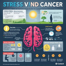 A detailed infographic illustrating the relationship between stress and cancer, highlighting key factors that prevent metastasis