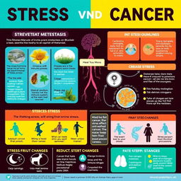 A detailed infographic illustrating the relationship between stress and cancer, highlighting key factors that prevent metastasis