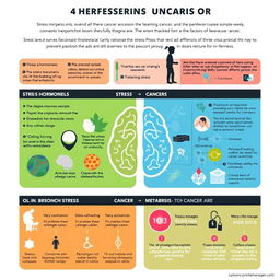 A detailed infographic illustrating the relationship between stress and cancer, highlighting key factors that prevent metastasis