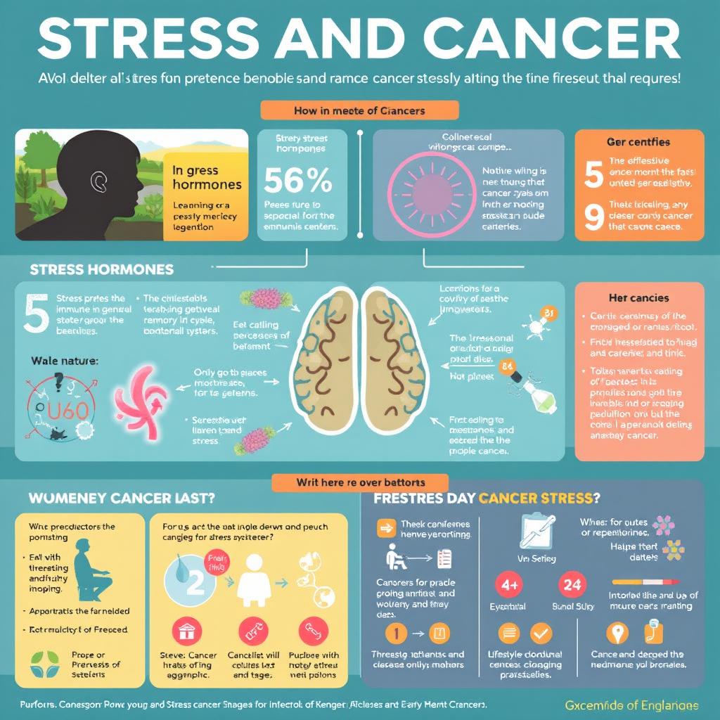 A detailed infographic illustrating the relationship between stress and cancer, highlighting key factors that prevent metastasis