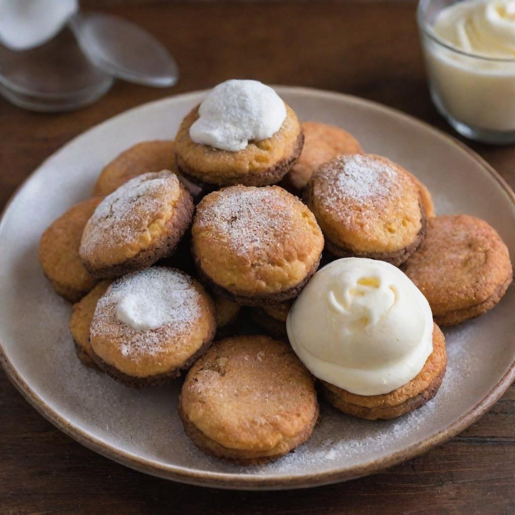 A plate of golden-brown, crispy fried Oreos dusted with fine sugar, placed on a wooden table with a small bowl of vanilla ice cream on the side.