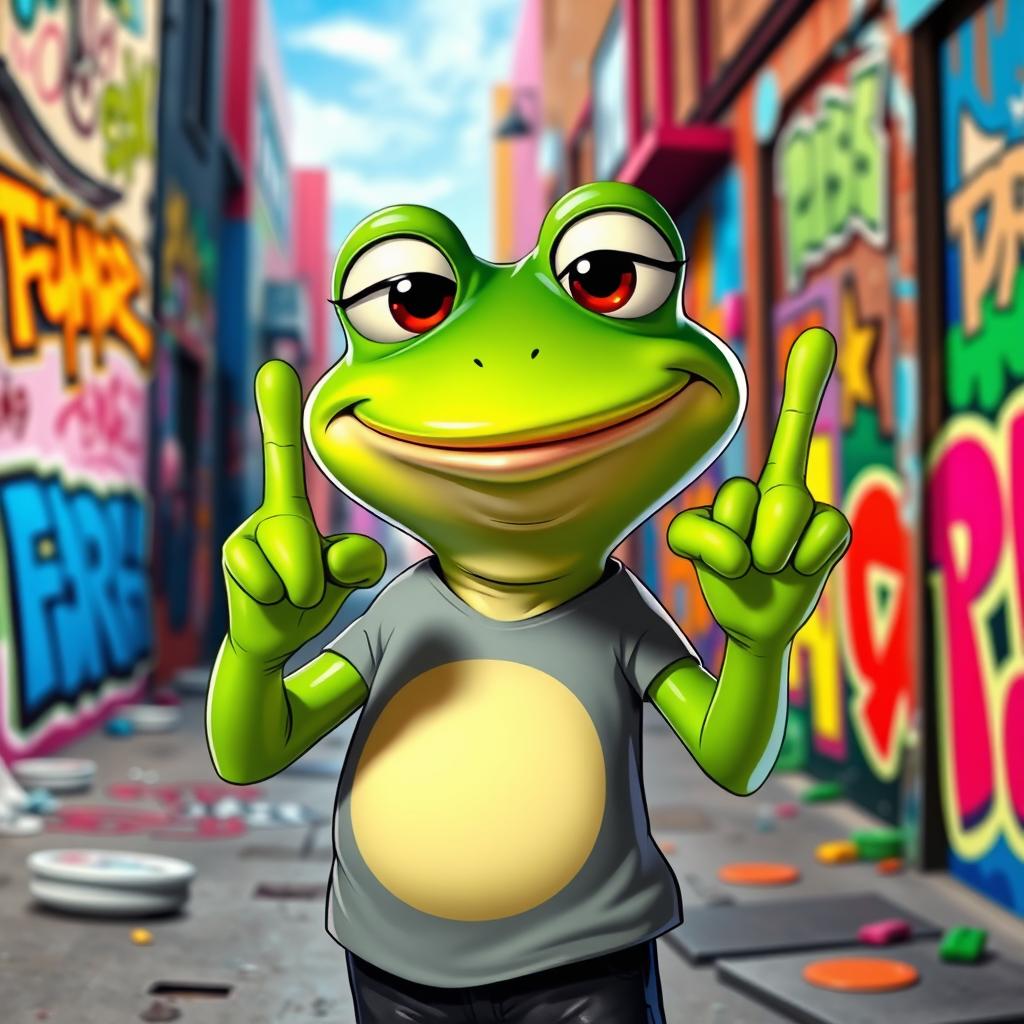 A cartoon frog character, resembling Pepe, humorously displaying a middle finger gesture with a cheeky smile