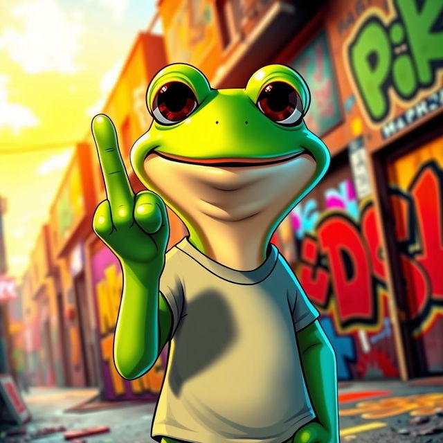 A cartoon frog character, resembling Pepe, humorously displaying a middle finger gesture with a cheeky smile