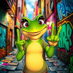 A cartoon frog character, resembling Pepe, humorously displaying a middle finger gesture with a cheeky smile