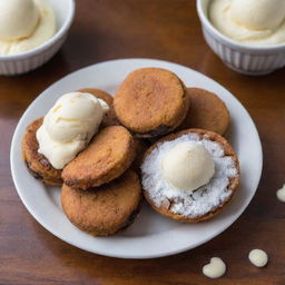 A plate of golden-brown, crispy fried Oreos dusted with fine sugar, placed on a wooden table with a small bowl of vanilla ice cream on the side.