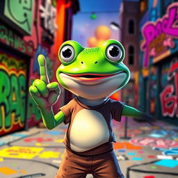 A cartoon frog character, resembling Pepe, humorously displaying a middle finger gesture with a cheeky smile