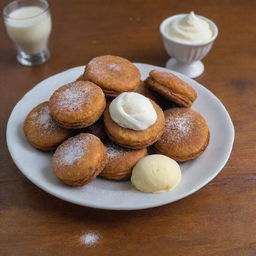 A plate of golden-brown, crispy fried Oreos dusted with fine sugar, placed on a wooden table with a small bowl of vanilla ice cream on the side.