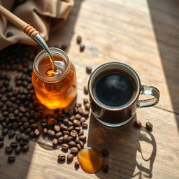 A beautifully arranged flat lay of a coffee cup and a jar of honey on a wooden table