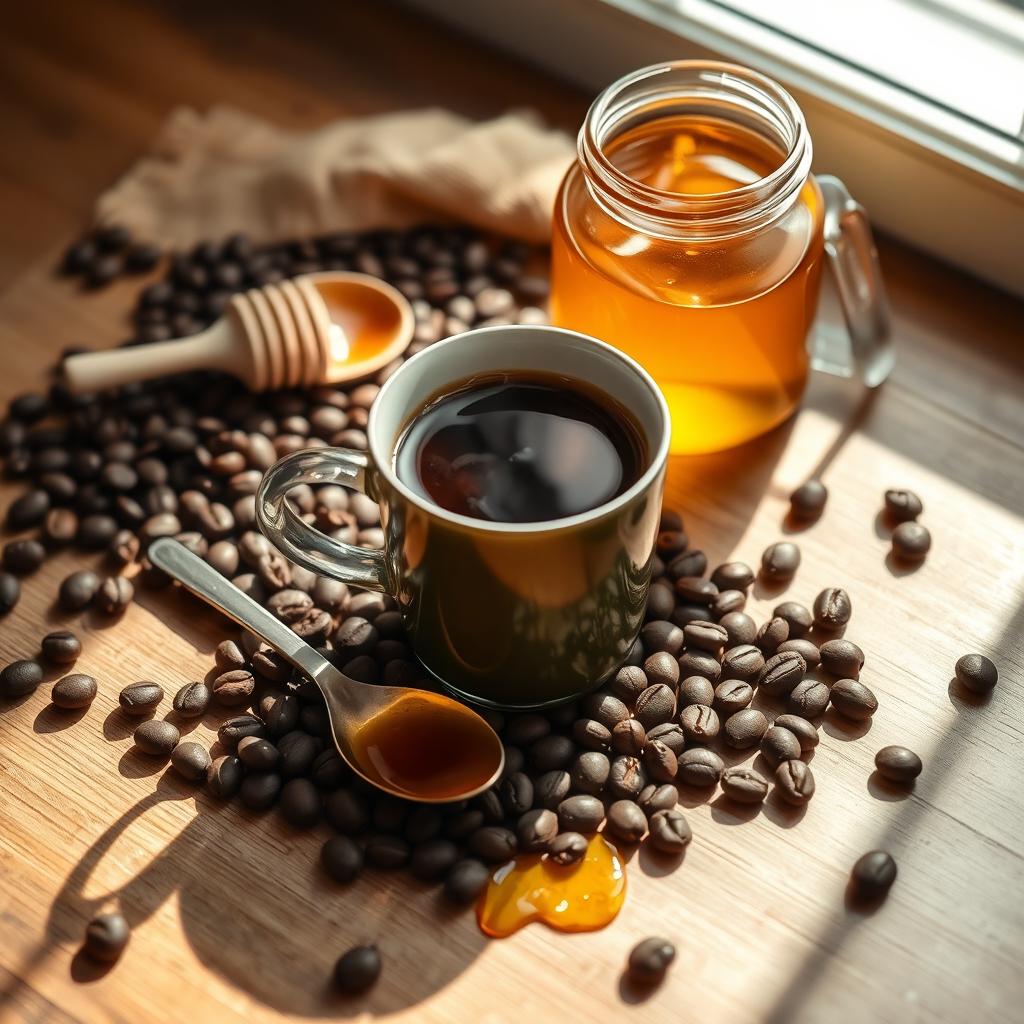 A beautifully arranged flat lay of a coffee cup and a jar of honey on a wooden table