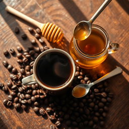 A beautifully arranged flat lay of a coffee cup and a jar of honey on a wooden table