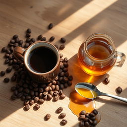 A beautifully arranged flat lay of a coffee cup and a jar of honey on a wooden table