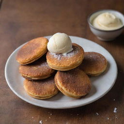 A plate of golden-brown, crispy fried Oreos dusted with fine sugar, placed on a wooden table with a small bowl of vanilla ice cream on the side.