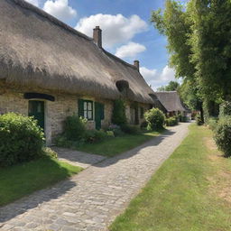 A quaint and charming village named Senlain, with cobblestone streets, thatched-roof cottages, and beautiful green fields surrounding it during a sunny day