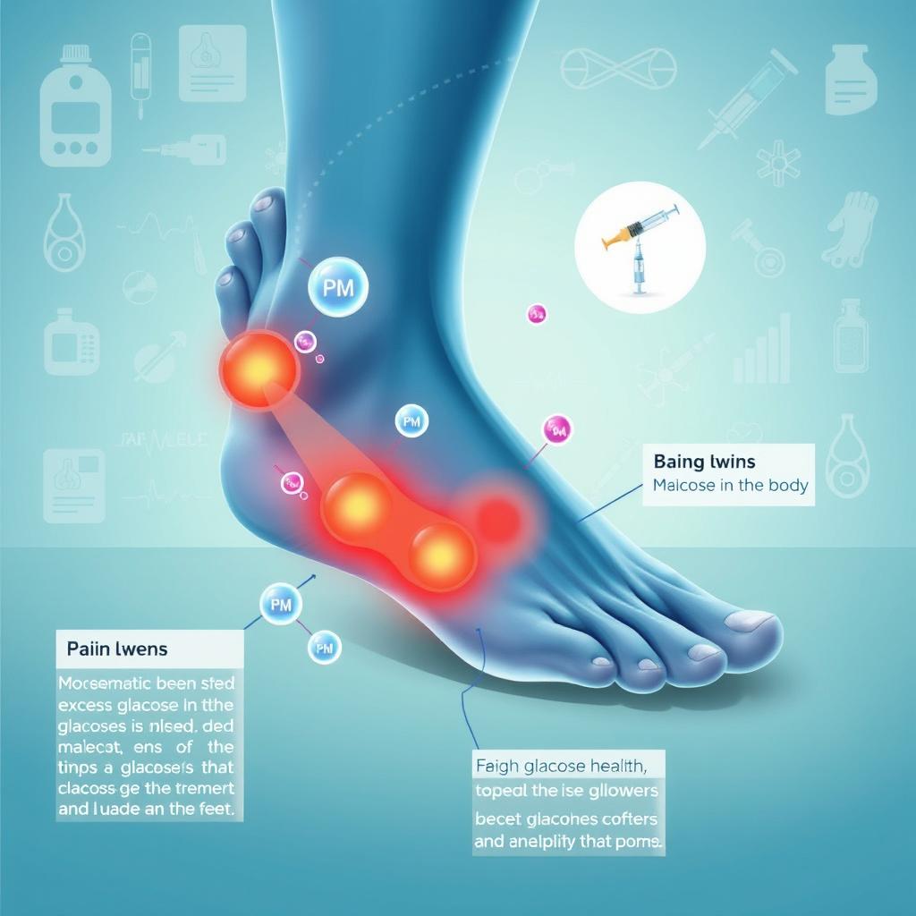 A visually compelling medical illustration depicting the connection between excess glucose in the body and pain in the feet