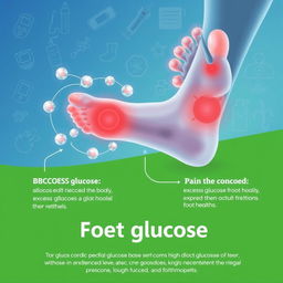 A visually compelling medical illustration depicting the connection between excess glucose in the body and pain in the feet