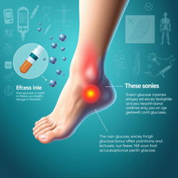 A visually compelling medical illustration depicting the connection between excess glucose in the body and pain in the feet