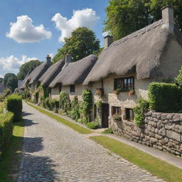 A quaint and charming village named Senlain, with cobblestone streets, thatched-roof cottages, and beautiful green fields surrounding it during a sunny day