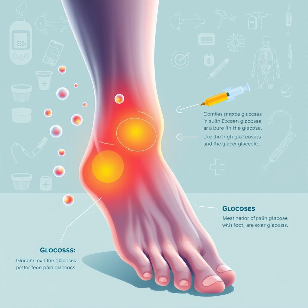 A visually compelling medical illustration depicting the connection between excess glucose in the body and pain in the feet