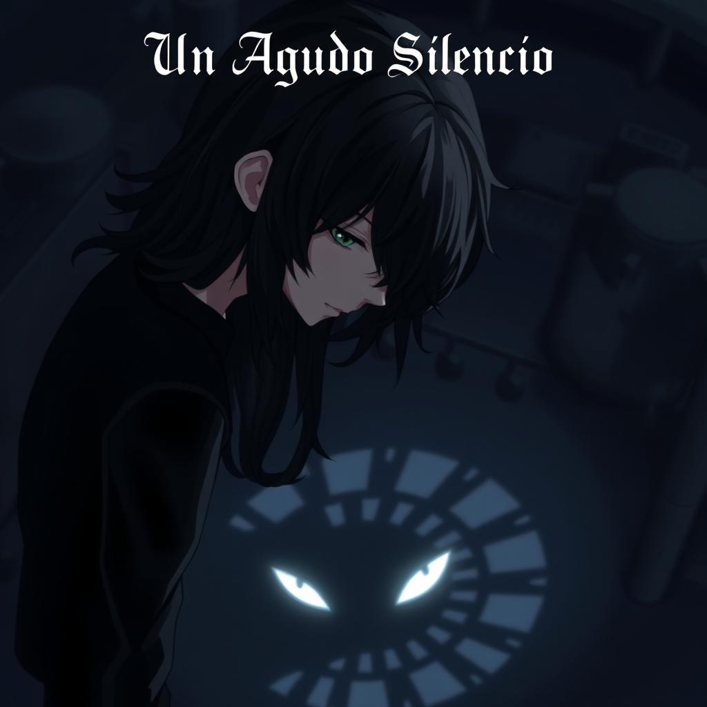 An anime-style tall adolescent with long, wavy black hair, dressed in gothic clothing