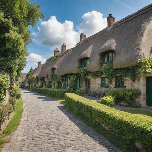 A quaint and charming village named Senlain, with cobblestone streets, thatched-roof cottages, and beautiful green fields surrounding it during a sunny day