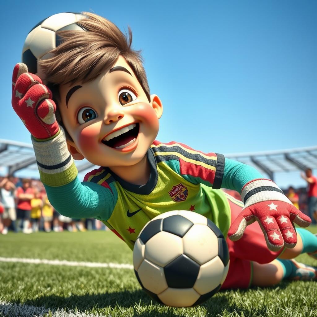 A cute football goalkeeper with textured hair, wearing a colorful goalkeeper jersey with vibrant patterns