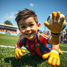 A cute football goalkeeper with textured hair, wearing a colorful goalkeeper jersey with vibrant patterns