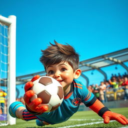 A cute football goalkeeper with textured hair, wearing a colorful goalkeeper jersey with vibrant patterns