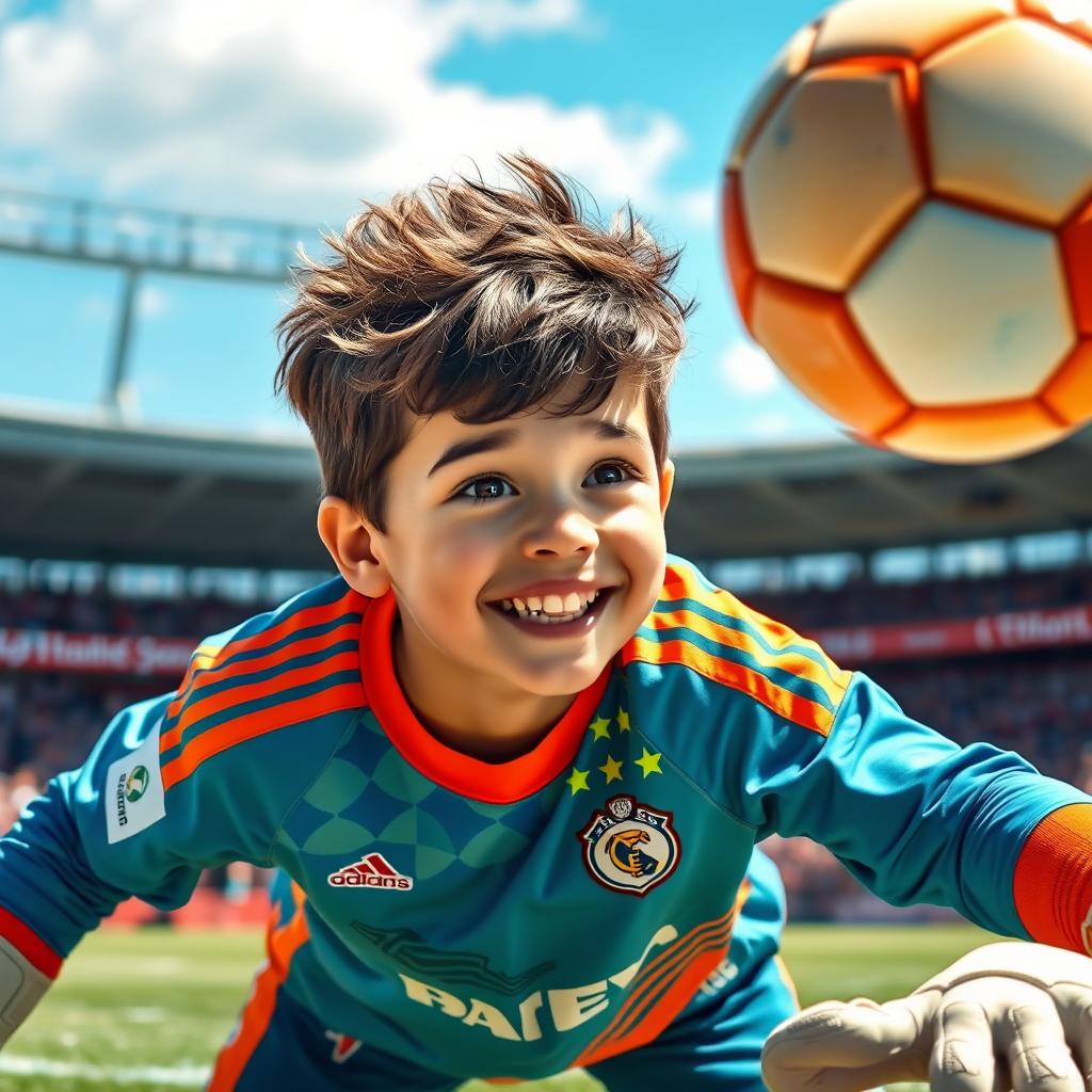 A cute football goalkeeper with textured hair, wearing a colorful goalkeeper jersey with vibrant patterns