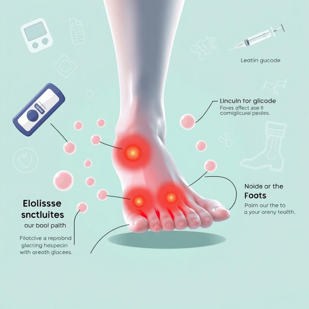 A visually compelling medical illustration depicting the connection between excess glucose in the body and pain in the feet