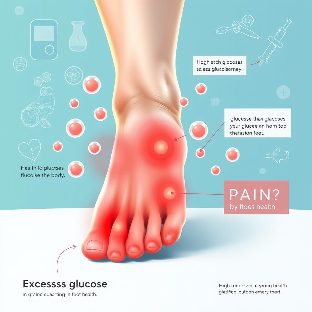 A visually compelling medical illustration depicting the connection between excess glucose in the body and pain in the feet