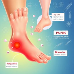 A visually compelling medical illustration depicting the connection between excess glucose in the body and pain in the feet