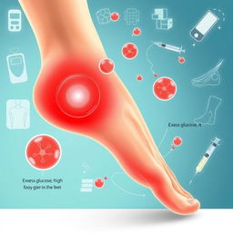 A visually compelling medical illustration depicting the connection between excess glucose in the body and pain in the feet