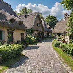 A quaint and charming village named Senlain, with cobblestone streets, thatched-roof cottages, and beautiful green fields surrounding it during a sunny day