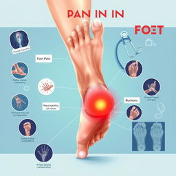 A detailed medical illustration focused on the theme of pain in the feet