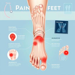 A detailed medical illustration focused on the theme of pain in the feet