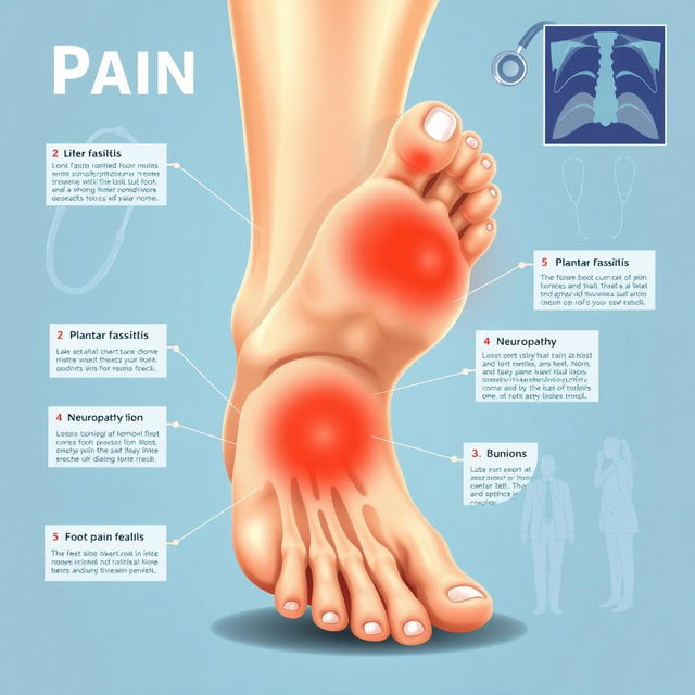 A detailed medical illustration focused on the theme of pain in the feet