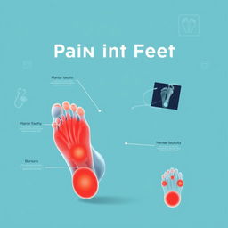 A detailed medical illustration focused on the theme of pain in the feet