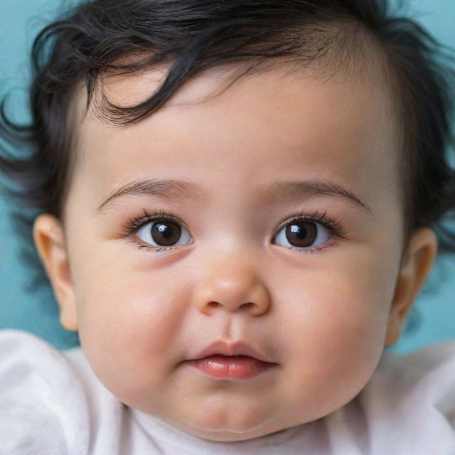 Revise the previous baby image, this time adding specific features: black wavy hair, a small pointed nose, big brown eyes with long lashes, along with chubby cheeks.