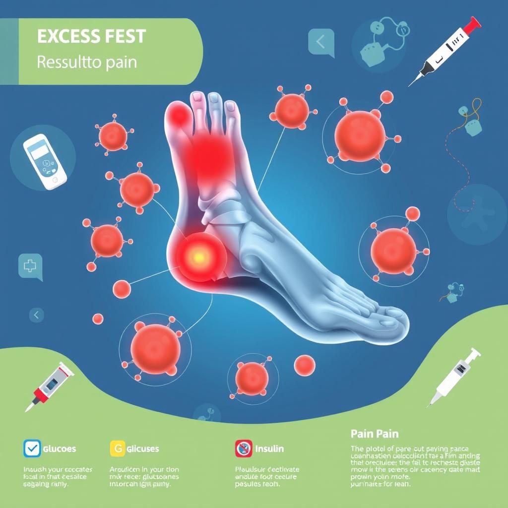 A visually engaging medical illustration that showcases the correlation between excess glucose in the body and resulting pain in the feet