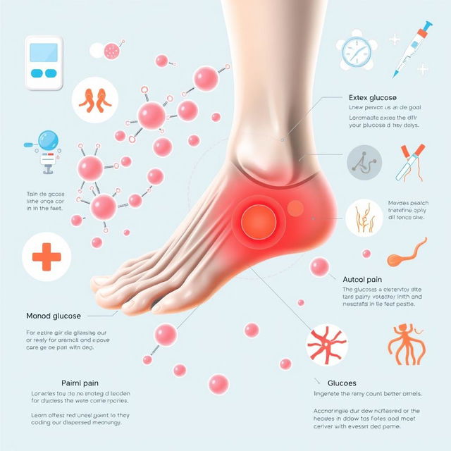 A visually engaging medical illustration that showcases the correlation between excess glucose in the body and resulting pain in the feet