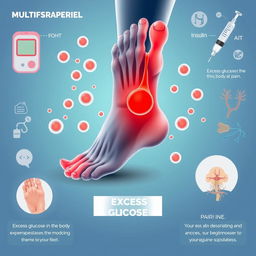 A visually engaging medical illustration that showcases the correlation between excess glucose in the body and resulting pain in the feet