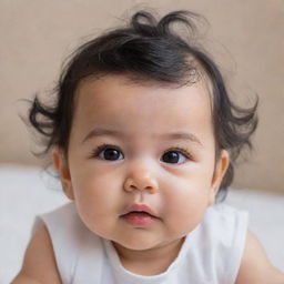 Revise the previous baby image, this time adding specific features: black wavy hair, a small pointed nose, big brown eyes with long lashes, along with chubby cheeks.