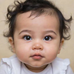 Revise the previous baby image, this time adding specific features: black wavy hair, a small pointed nose, big brown eyes with long lashes, along with chubby cheeks.