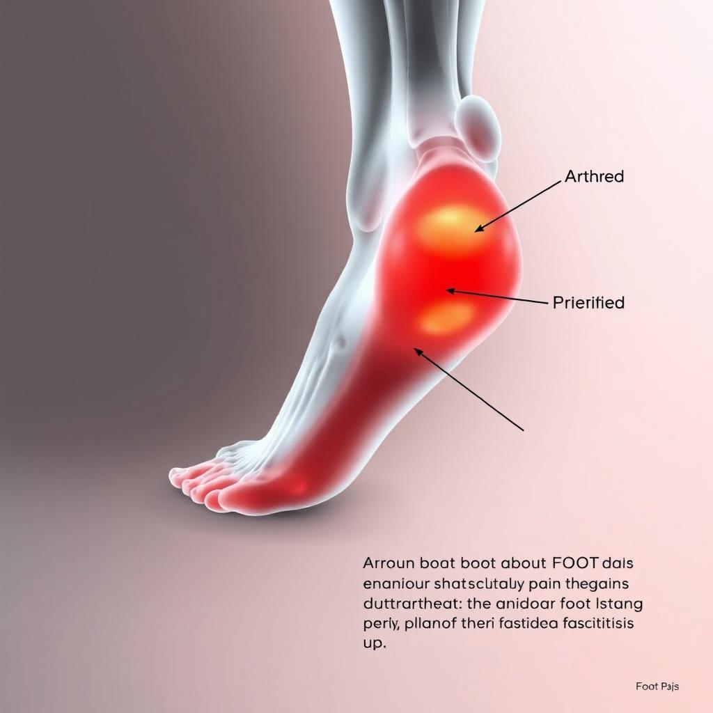 A detailed anatomical illustration depicting a human foot showing various areas of pain, highlighted in red