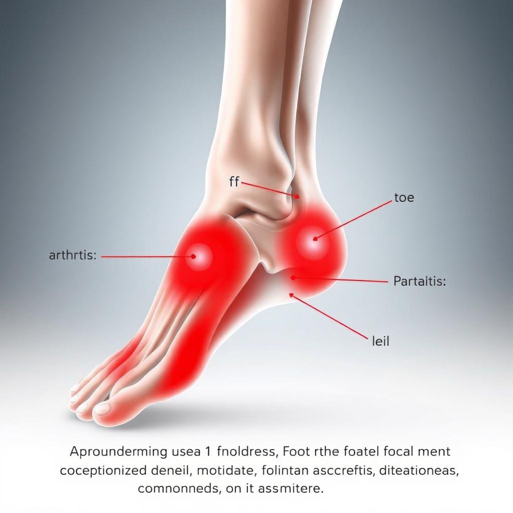 A detailed anatomical illustration depicting a human foot showing various areas of pain, highlighted in red