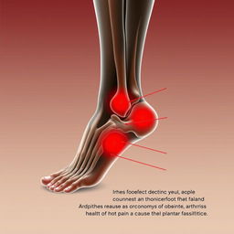 A detailed anatomical illustration depicting a human foot showing various areas of pain, highlighted in red