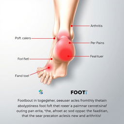 A detailed anatomical illustration depicting a human foot showing various areas of pain, highlighted in red